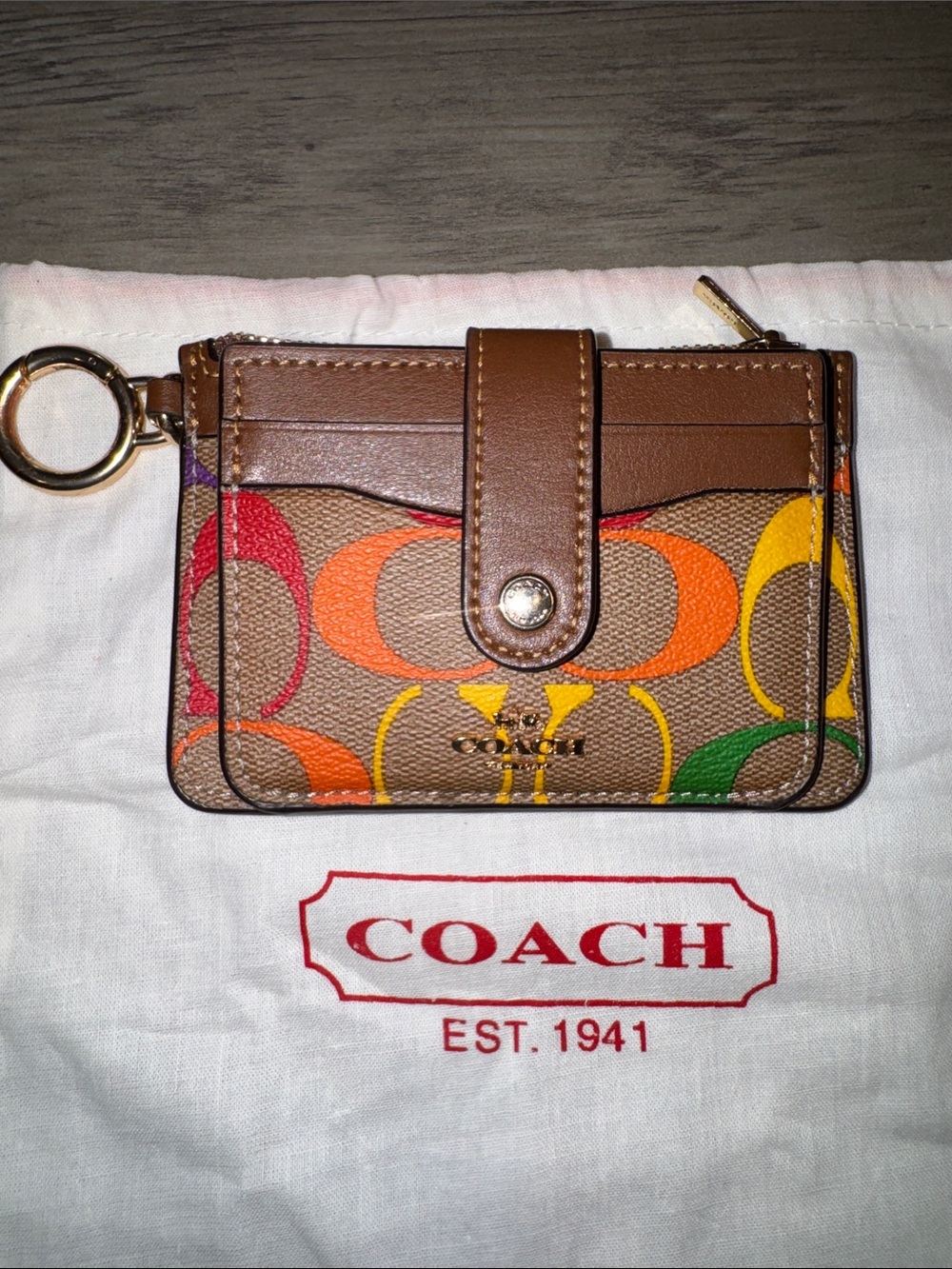 COACH Brown Signature Card Case with Rainbow C and Keyring & Dusty